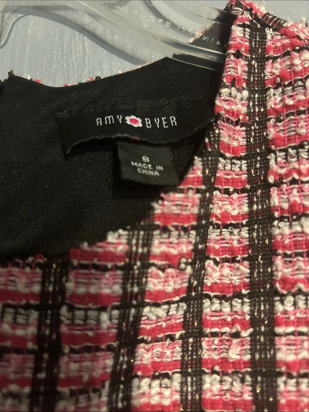 Amy Byer Pink and Black Check Tweed Fit & Flare Dress